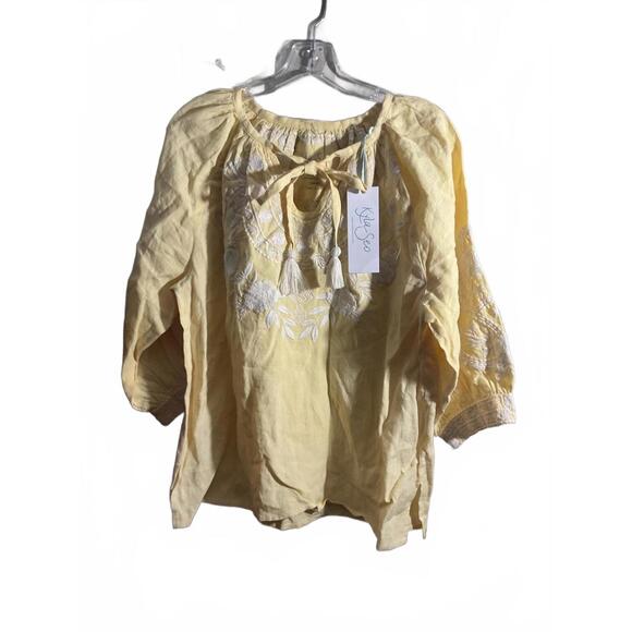 Kyla Seo Tops - Kyla Seo Handmade Butter Yellow Linen Embroidered Top - Sm fits up to a Large